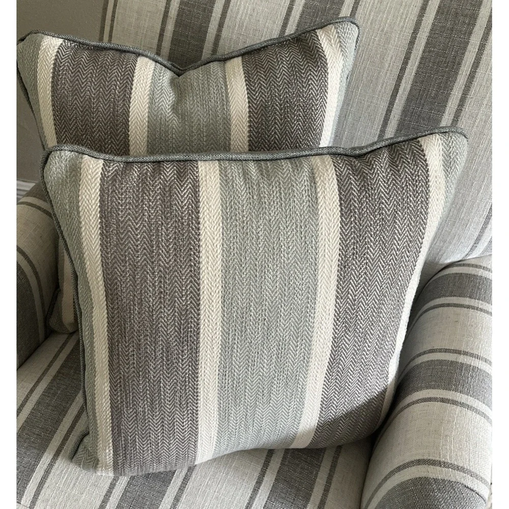 Set of 2 Sage Green Gray Striped Throw Pillows Herringbone Textured Cushions
